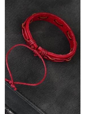 Kırmızı Renk Ipli Yeni Sezon Deri Erkek Bileklik - Lisinya