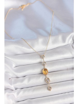 Pirinç Zincir Kehribar Sarı Gold Renk  Zirkon Taşlı Y Kolye - Lisinya