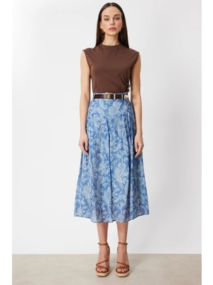 On Triko Beli Kemerli Desenli Midi Etek  74210