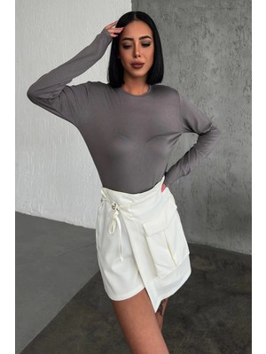 Rahat ve Şık Uzun Kollu Bisiklet Yaka Likralı Viskon Penye Body Füme ( Lisinya )