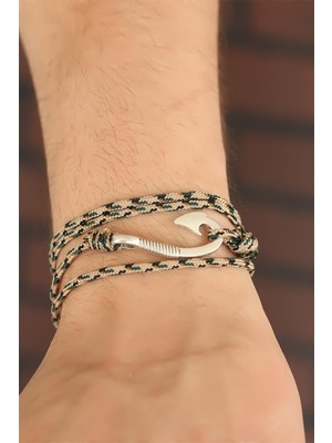 Krem Renk Çizgi Desenli Metal Kancalı Erkek Bileklik - Lisinya