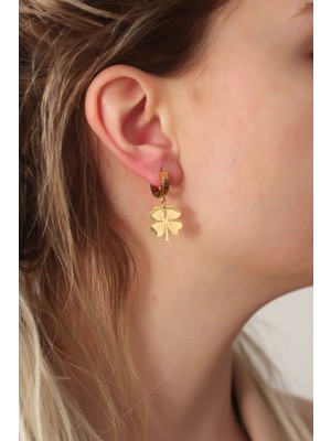 316L Çelik Gold Renk Yonca Küpe - Lisinya