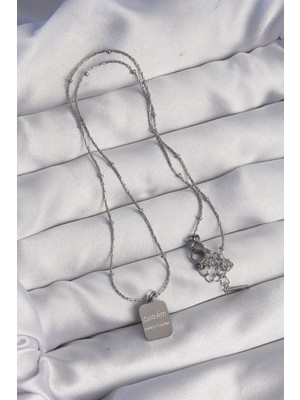 316L Çelik Gümüş Renk Kare Charm Model Kolye - Lisinya