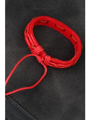 Kırmızı Renk Ayarlamalı Ipli Deri Erkek Bileklik - Lisinya