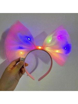 Rengarenk LED Işıklı Fiyonk Şekilli Tül Parti Tacı Pembe Renk 25X25 cm - Lisinya