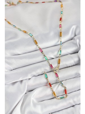 Pirinç Renkli Zirkon Taşlı Dikdörtgen Model Gold Renk Kadın Y Kolye - Lisinya