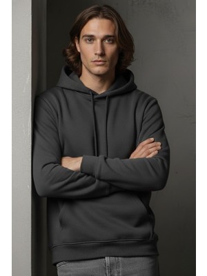 Libas Verda Unisex Kışlık Antrasit Gri Üç Iplik Şardonlu Pamuklu Kalın Basic Kapüşonlu Hoodie Sweatshirt