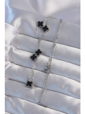 316L Çelik Gümüş Renk Minimal Siyah Mineli Yonca Kolye - Lisinya