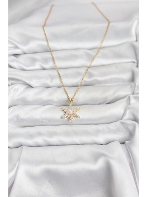 316L Çelik Zincir Gold Renk Kar Tanesi Model Zirkon Taşlı Kadın Kolye - Lisinya