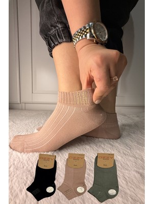 Ozzy Socks 3 Çift Kadın Taş Detaylı Dikişsiz & Takviyeli Patik Çorap