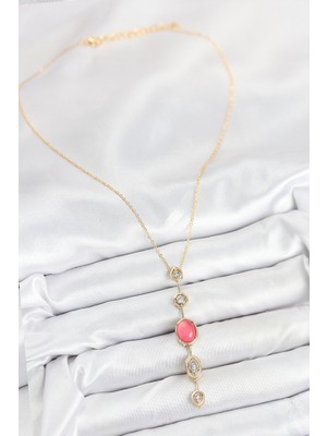 Pirinç Zincir Pembe Gold Renk Zirkon Taşlı Y Kolye - Lisinya