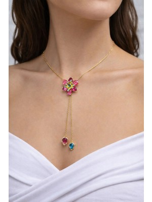 Gold Renkli Pembe Taşlı Asansör Model Kolye