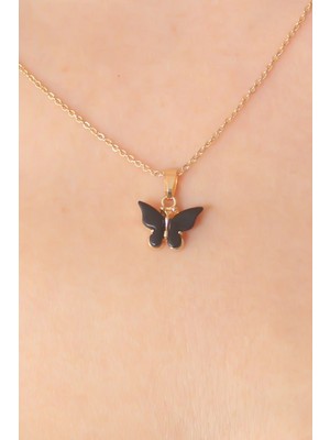 Gold Siyah Renk Kelebek Figür Kadın Kolye - Lisinya