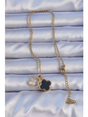 316L Çelik Gold Renk Siyah Mineli Zirkon Taşlı Yonca Figürlü Kolye - Lisinya