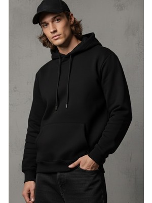 Libas Verda Unisex Kışlık Siyah Üç Iplik Şardonlu Pamuklu Kalın Basic Kapüşonlu Hoodie Sweatshirt