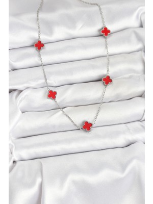 316L Çelik Zincir Gümüş Renk Kırmızı Baby Boy Yonca Kadın Kolye - Lisinya