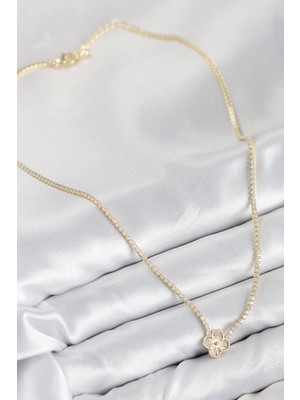 Pirinç Zirkon Taşlı Yonca Model Gold Renk Kadın Kolye - Lisinya