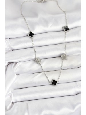316L Çelik Zincir Gümüş Renk Siyah ve Zirkon Taşlı Baby Boy Yonca Kadın Kolye - Lisinya