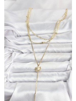 Pirinç Gold Renk Zirkon Taşlı Güneş Model Detaylı 3'lü Kombin Y Kadın Kolye - Lisinya