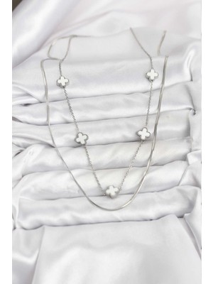 316L Çelik Zincir Gümüş Renk Italyan Zincirli Yonca Model Kadın Kolye - Lisinya