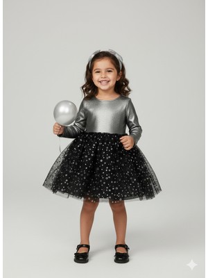 Dudese Kız Çocuk Işıltılı Gümüş ve Siyah Yıldız Desenli Tüllü Elbise
