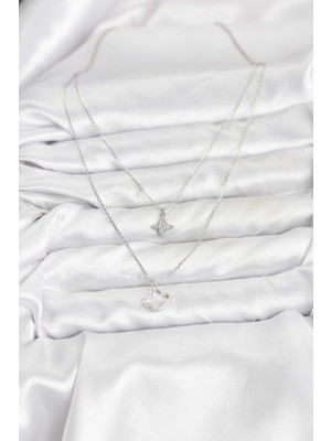 Pirinç Gümüş Renk Yonca Model 2'li Kadın Kolye - Lisinya