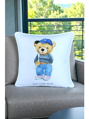 Visionario Kırlent Kılıfı Ayıcık Desenli 45X45 Raşel Örme Kadife Çift Taraflı Dijital Baskı Beyaz Biyeli - 03