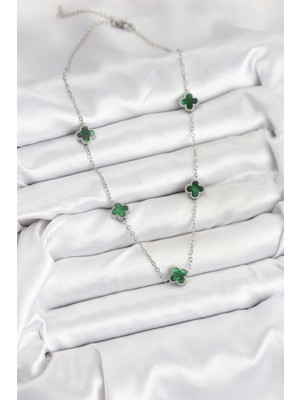 316L Çelik Zincir Gümüş Renk Yeşil Baby Boy Yonca Kadın Kolye - Lisinya