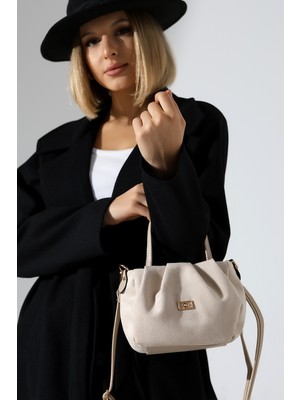 BALANZ Bej Kadın Nubuk Çanta Astarlı Fermuarlı - Çapraz Askılı Omuz ve El Çantası Küçük Boy