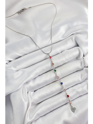 Pirinç Gümüş Renk Karışık Renk Zirkon Taşlı Kalpli Y Kadın Kolye - Lisinya