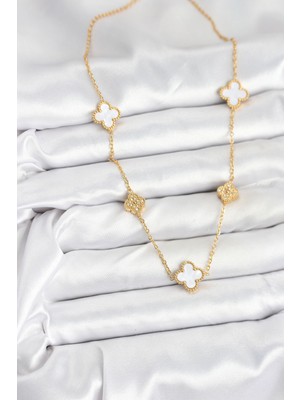 316L Çelik Zincir Gold Renk Beyaz ve Zirkon Taşlı Yonca Kadın Kolye - Lisinya