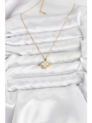 316L Çelik Zincir Gold Renk Zirkon Taşlı Yonca Model Kadın Kolye - Lisinya