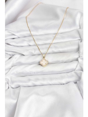 316L Çelik Zincir Gold Renk Sedefli Yonca Kadın Kolye - Lisinya