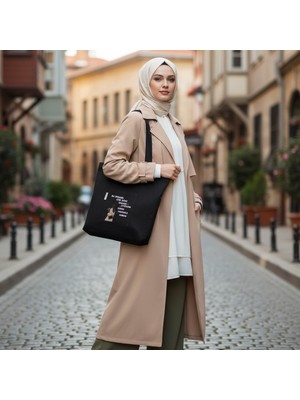 Bordglow Siyah Cepli Bez Çanta Gabardin Plaj Çantası Büyük Boy Günlük Omuz Çantası Kalın Kumaş Tote Bag