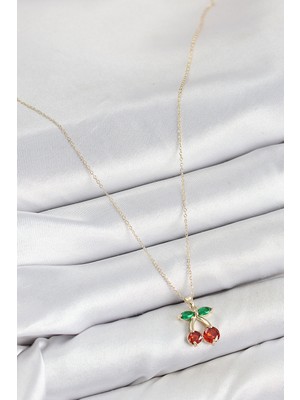 Pirinç Zirkon Taşlı Kiraz Model Gold Renk Kadın Kolye - Lisinya