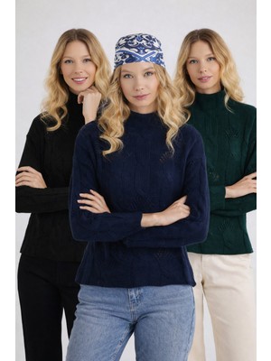 Tudors Kadın 3'lü Paket Siyah-Lacivert-Yeşil Regular Fit Klasik Kesim Yarım Balıkçı Yaka Örgü Desenli Kazak