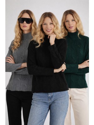 Tudors Kadın 3'lü Paket Siyah-Gri-Yeşil Regular Fit Klasik Kesim Yarım Balıkçı Yaka Örgü Desenli Kazak