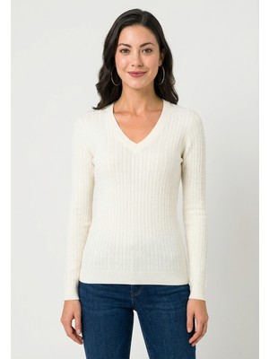 Felix Hardy Kadın V Yaka Saç Örgü Triko Kazak - Ekru