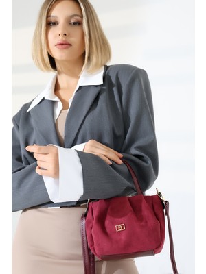 BALANZ Bordo Kadın Nubuk Çanta Astarlı Fermuarlı - Çapraz Askılı Omuz ve El Çantası Küçük Boy
