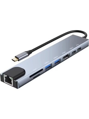 Mey İthalat Type-C Çoklu Dönüştürücü – 87W Pd, Hdmı, 2x USB 3.0, RJ45, Sd/tf Kart Girişli Hub