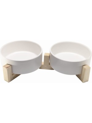 Braventa Collection Yılmazel Kedi Mama Su Kabı Ahşap Standı ve Seramik Kasesi Yavru Evcil Hayvan Minimalist (Beyaz, Çift
