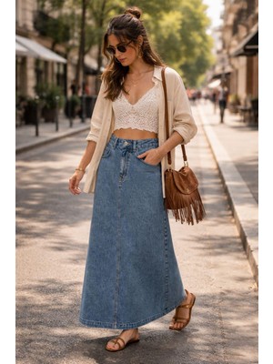 Dema Kadın Denim Pamuklu Mavi Çan Etek