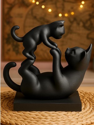 Braventa Collection Leafcreation Plastik Dekoratif Kedi Figürlü Heykel, Anne ve Yavru Kedi, Gri Renk