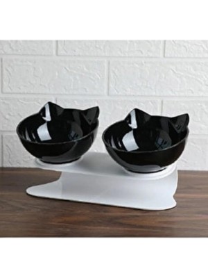 Braventa Collection Standlı Kedi Kafalı Mama Kabı 2 Li Siyah