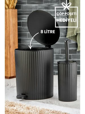 UltraMint Iki Parça Banyo Seti, Çizgili Yuvarlak Çöp Kovası ve Wc Fırçası