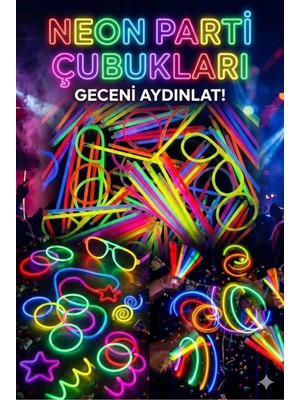 Mey İthalat 100 Adet Fosforlu Glow Stick Parti Seti | Bileklik, Kolye ve Eğlenceli Işık Çubukları