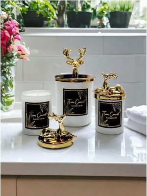 Braventa Collection Özel Tasarım Dekoratif Gold Geyikli Vanilya Kokulu Beyaz Bardak Mum 3'lü Set