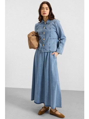 Olcay Metal Düğmeli Etek Ceket Denim Ikili Takım Açık Mavi 9400-TK