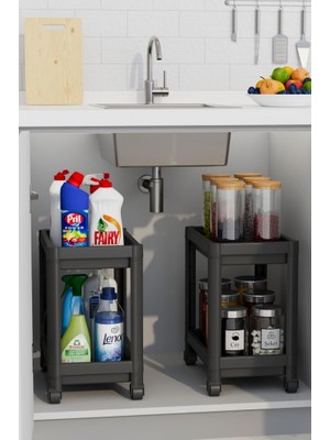 Braventa Collection Mithra Life 2 Adet 2 Katlı Tekerlekli Tezgah Altı Siyah Banyo Mutfak Rafı MIT1122