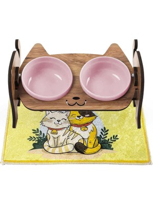 Braventa Collection Gobypet Ahşap Kedi Mama ve Su Kabı ile Kedi Köpek Paspası - Çift Hazneli Seramik Demonte Mama Su Kab